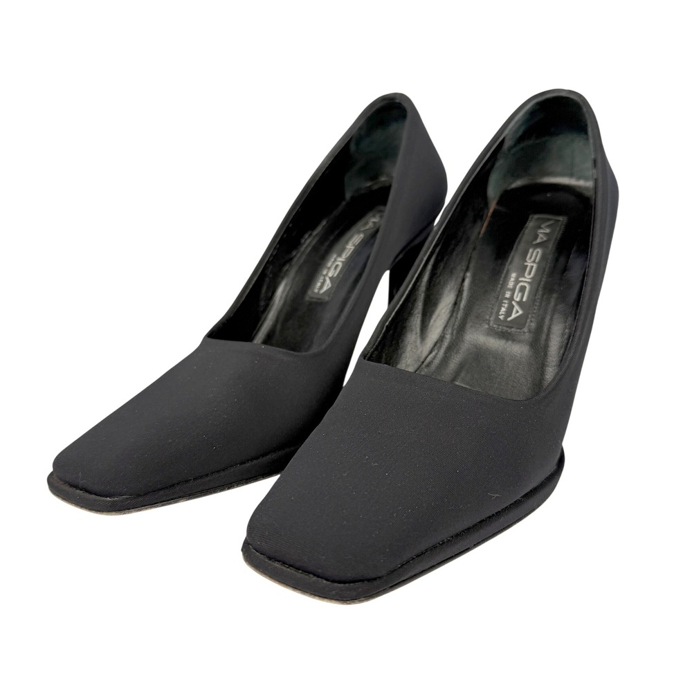 Y2K Via‎ Spiga Black Square Toe Pumps 6.5M Made In Italy Column Heels Classy